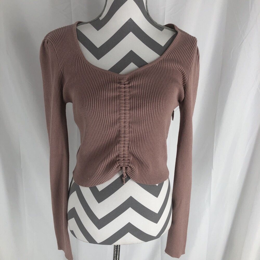 LOVE TREE Mauve Ribbed Knit V-Neck Cropped Drawstring Long Sleeve Top Size L